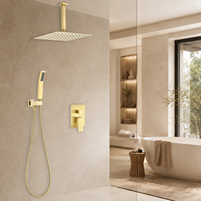 12 in. Rain Shower System with Handheld Shower and Pressure Balanced Valve, Brushed Gold