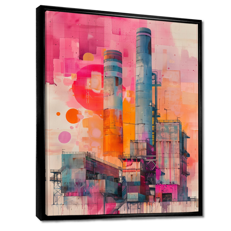«Pink Orange Electric Dreams Power Plant I - Power Plants», reproduction d'art murale, Cadre flottant noir, H 16 po x l 32 po