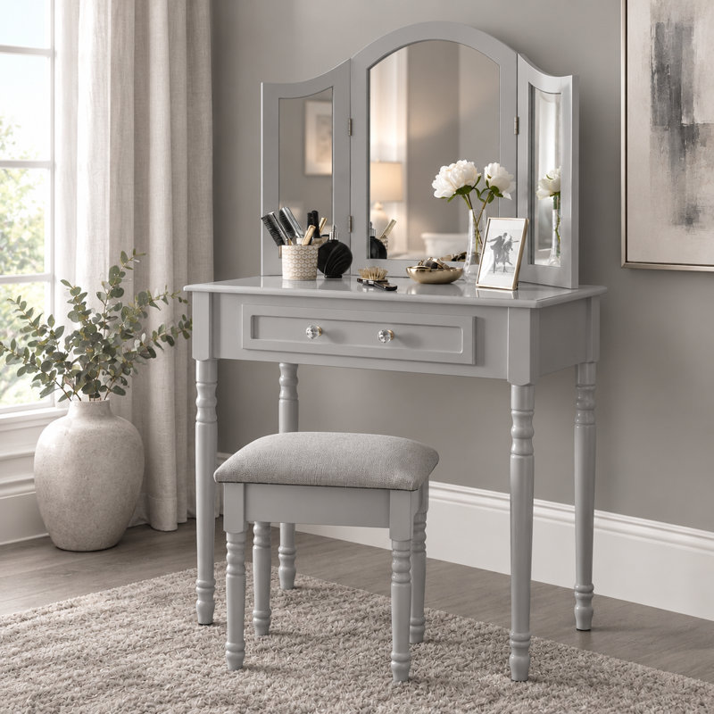 Dressing Table with Mirror and Seat, Grey