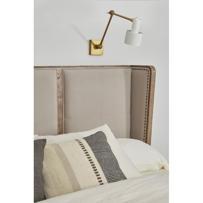 California King Beige Upholstered Oak Bed with Nailhead Trim