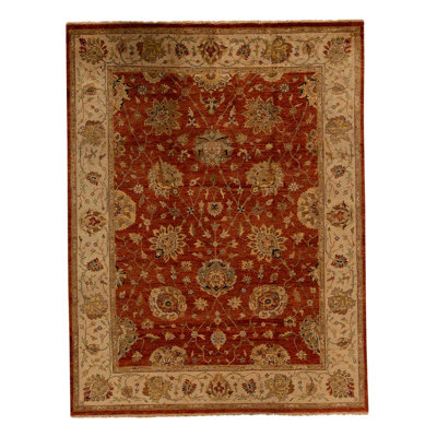 Tapis rectangulaire en laine noué à la main de 8 pi 10 po x 11 pi 8 po de couleur rouille / ivoire / rouge