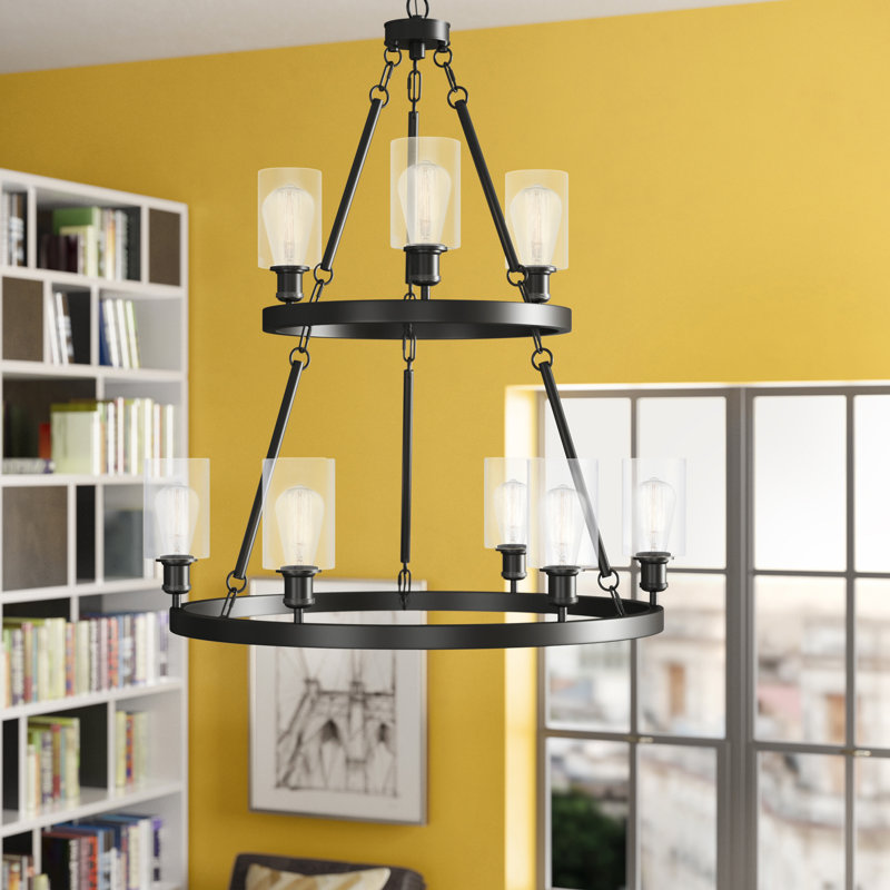 Nicolao 9 - Light Dimmable Wagon Wheel Chandelier, 6 Watt Vinage LED Bulb, Clear