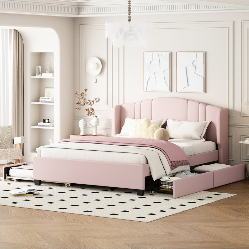 Lit plateforme tapissier avec tête de lit à oreilles, couleur rose - sans sommier, 2 tiroirs et lit gigogne simple pour l'organisation et le style de la chambre à coucher