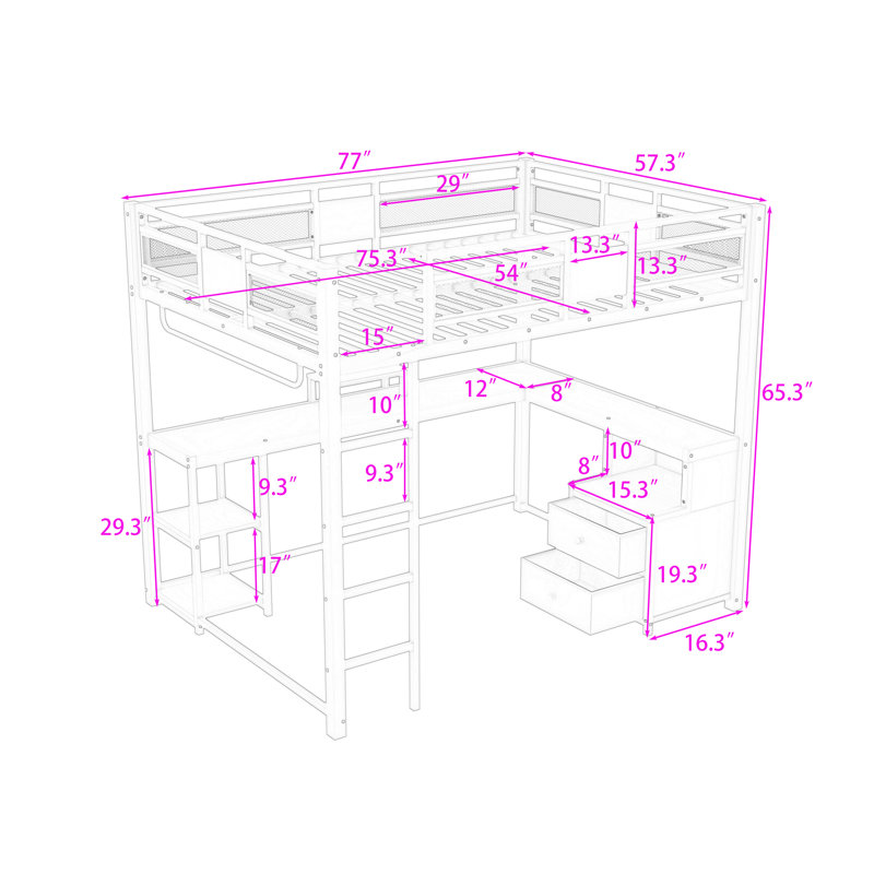 2 Drawers Full Metal Loft Bed With Desk, Shelves, Hanging Rob, Ladder And Guardrails