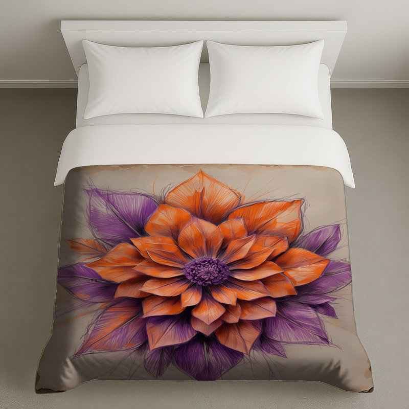 Housses de couette orange, mauve, dahlia, Très grand lit