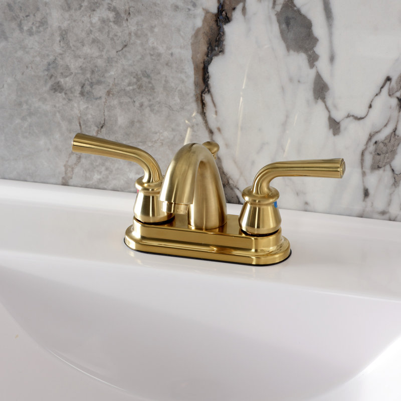 Kingston Brass Restoration Two-Handle 3-Hole Deck Mount 4" Centerset Bathroom Faucet with Plastic Pop-Up, Brushed Brass