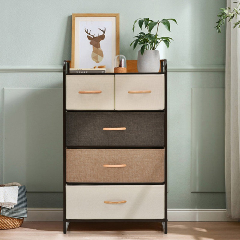 Rangement à 4 niveaux avec cadre en acier et commode à 5 tiroirs