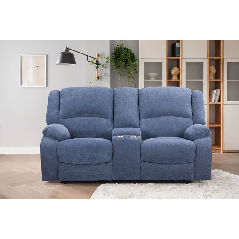Roundhill Furniture Blitz Transitional Manual Reclining Loveseat, With Cup Holders, Blue