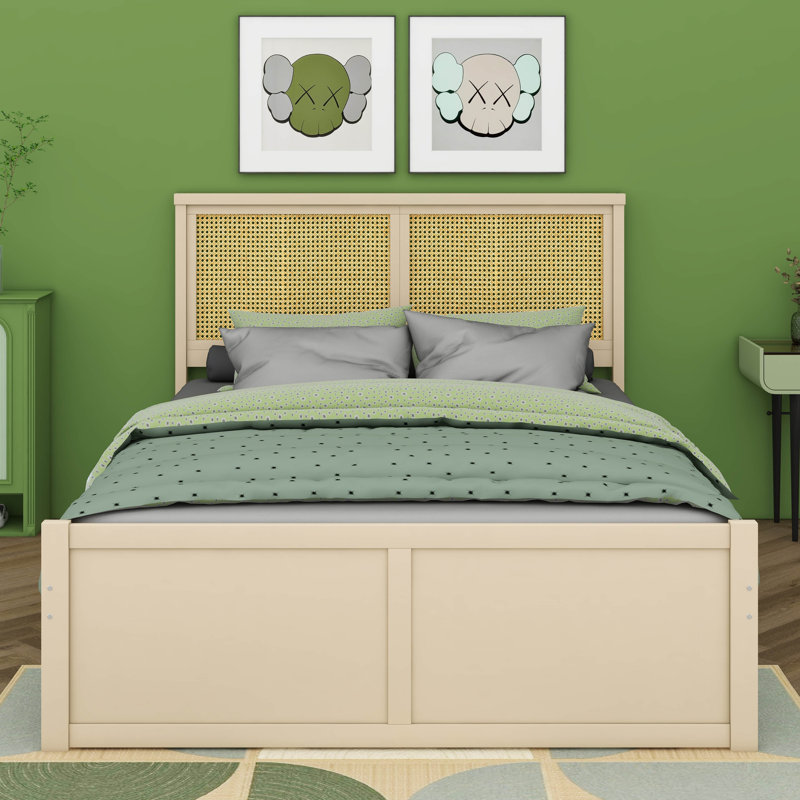 Rattan Headboard  Wooden Platform Bed With Four Storage Drawers, Nature, Full