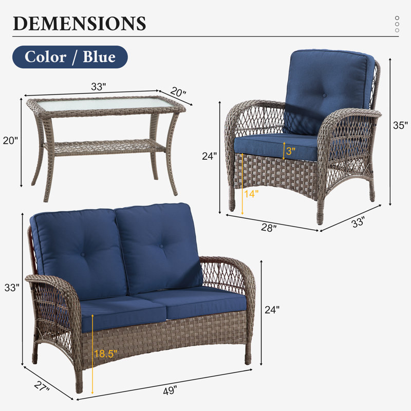 Ensemble de conversation d'extérieur en osier 4 pièces avec coussins - comprenant causeuse, 2 chaises longues et table basse