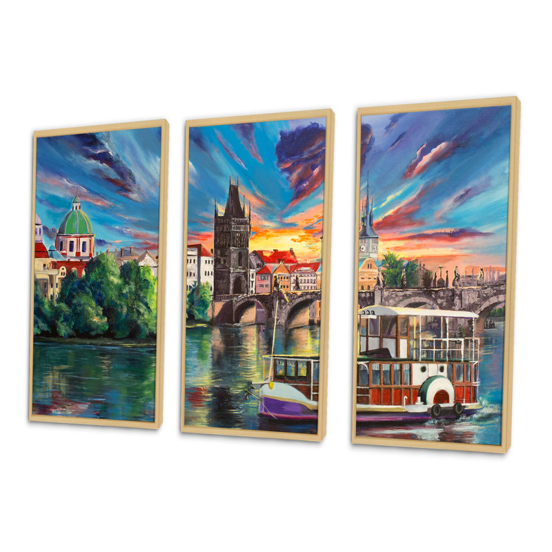 «Cityview Of Prague By Sunset», peinture sur toile 3 pièces, H 20 po x l 36 po, Brun
