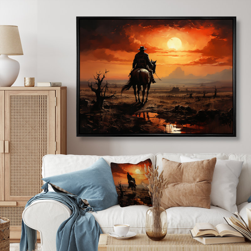 Cowboy Sunrise On The - Cowboys, art mural, Cadre flottant noir, H 30 po x l 40 po x P 1,5 po