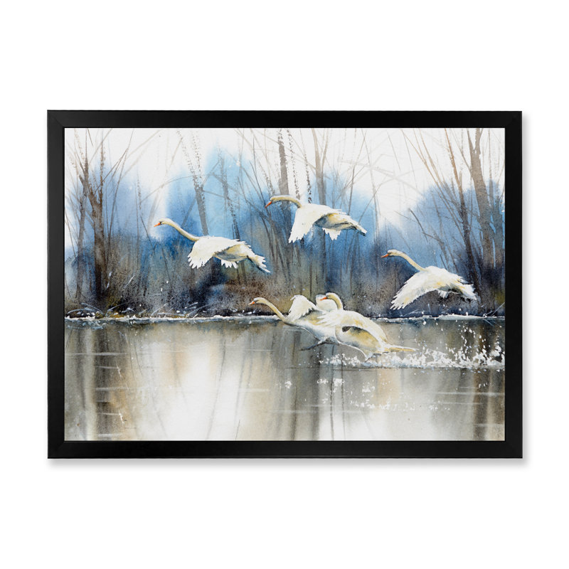 White Swans Flying - reproduction de cadre photo sur toile, Cadre photo noir, H 8 po x l 12 po x P 1 po