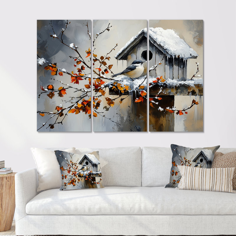 «Snowflake Birdhouse Sanctuary», ensemble de reproduction d'art mural, Toile tendue, H 28 po x l 36 po x P 1 po