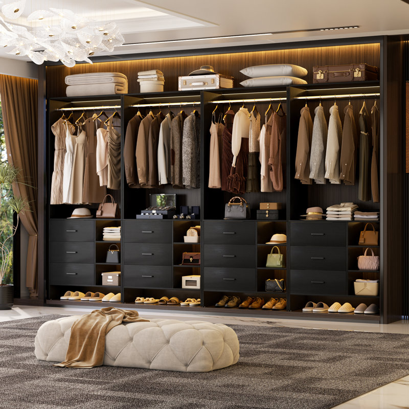 10ft Closet System with Wooden Drawers and Hanging Rods, Black