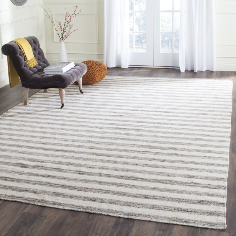 Emek Hand Woven Flat Weave Wool/Cotton Striped Rug in Brown/Ivory, Rectangle 5' x 8'