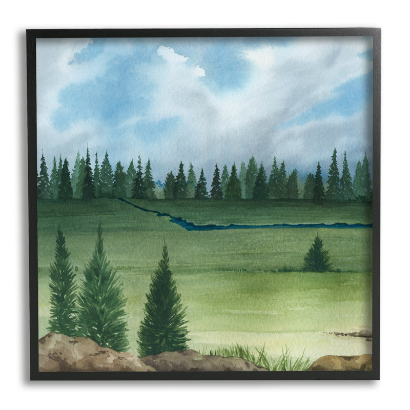Distant Stream Grassland Trees par Sally Swatland - Peinture, H 12 po x l 12 po x P 1,5 po, Giclée encadrée noir minuit