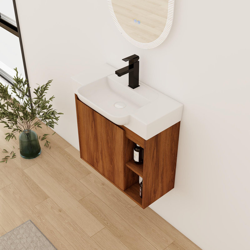 24'' Single Bathroom Vanity With Ceramic Top, Walnut, 24"
