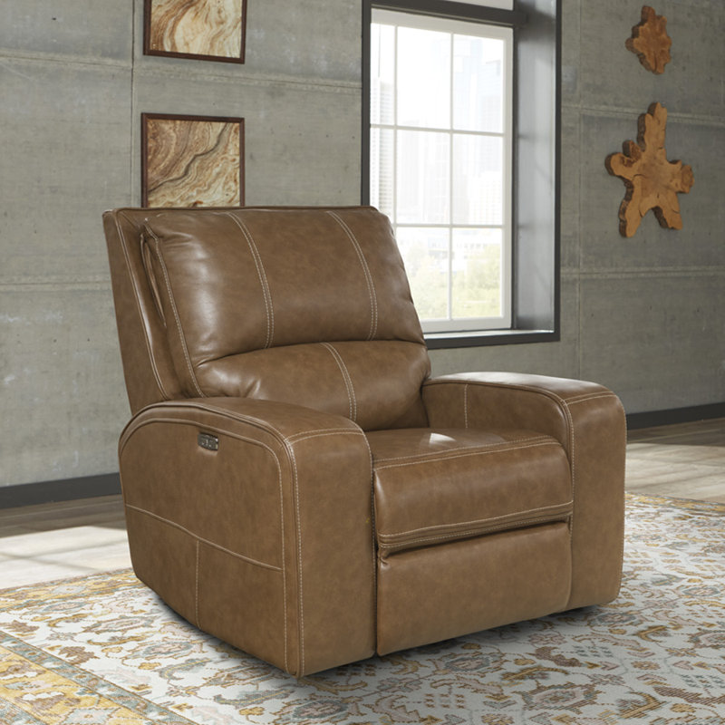 Mikey 41" Top Grain Leather Power Recliner with Adjustable Headrest with Square Arms, Brown