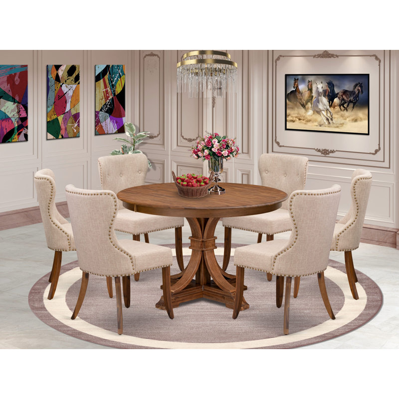 7-Pc Kitchen Table Set consists of a Pedestal Dining Table and 6 Light Tan Linen Fabric Chairs with Button Tufted- Antique Walnut