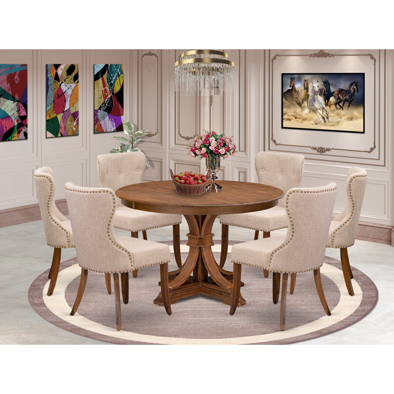 7-Pc Kitchen Table Set consists of a Pedestal Dining Table and 6 Light Tan Linen Fabric Chairs with Button Tufted- Antique Walnut
