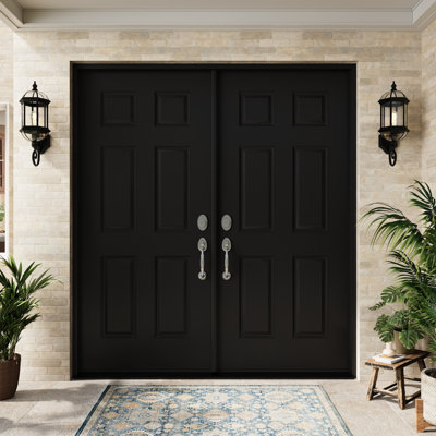 Entry Front Exterior Fiberglass Door 72" x 80"(2 * 36" x 80") Painted Black 6-Panel French Door With Jamb,Classic Design & Modern Style & Long-Lasting Use, Left-Hand Inswing (Not Included Hardware Kit)