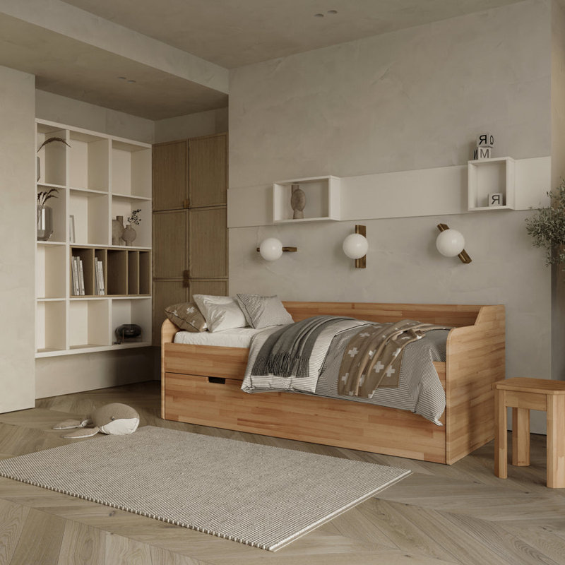 Solid Wood Bed with Additional Pull-out Bed Haberfield in Beech 90x200 cm
