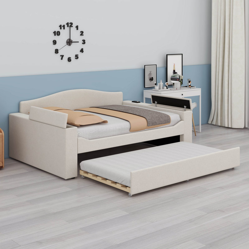 Lit de jour double rembourré en molleton avec lit gigogne et accoudoirs de rangement, structure de canapé avec système audio Bluetooth intégré et ports de charge USB