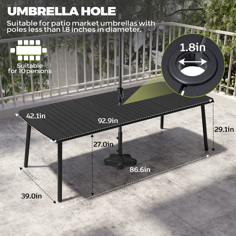 8 - Person Rectangular Outdoor Dining Set with Aluminum Frame and Umbrella Hole, Black/Black