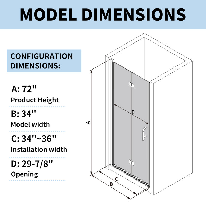 34-36 in.W x 72 in.H Bifold Frameless Glass Shower Door, Folding Frameless Shower Door, Brushed Gold