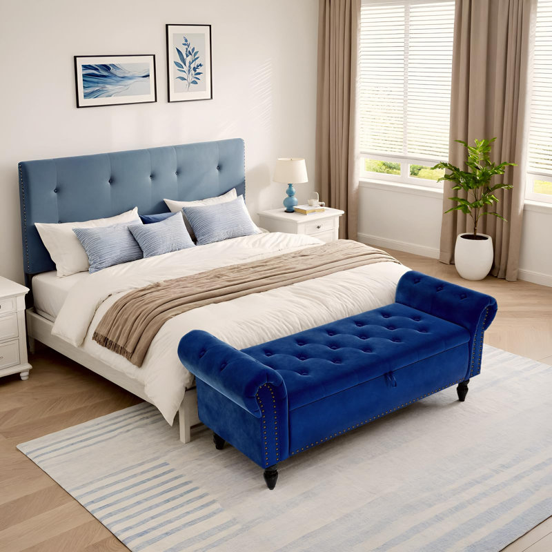 Velvet Upholstered Storage Bench, Blue