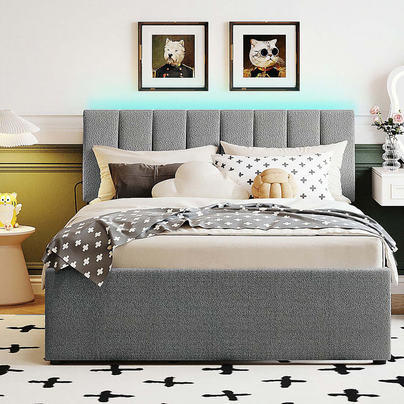 Lit plateforme tapissier Teddy, Beige, Lit double
