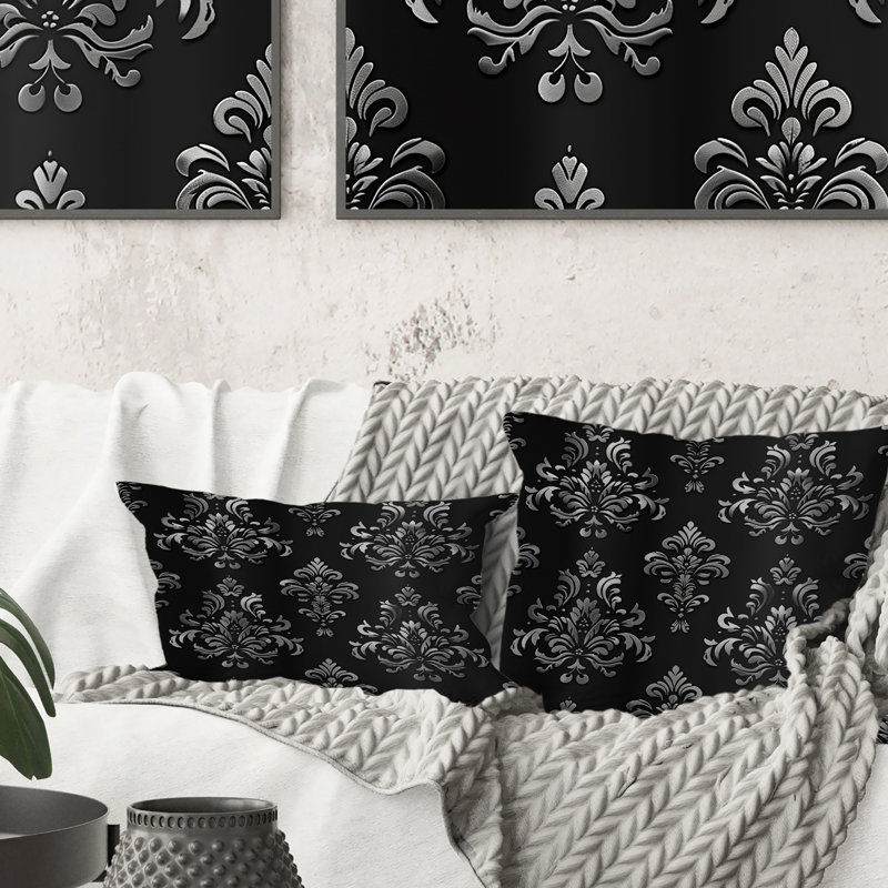 Coussin Damask Floral Glamour I - Glam, H 16 po x l 16 po, Noir, noir, noir, noir