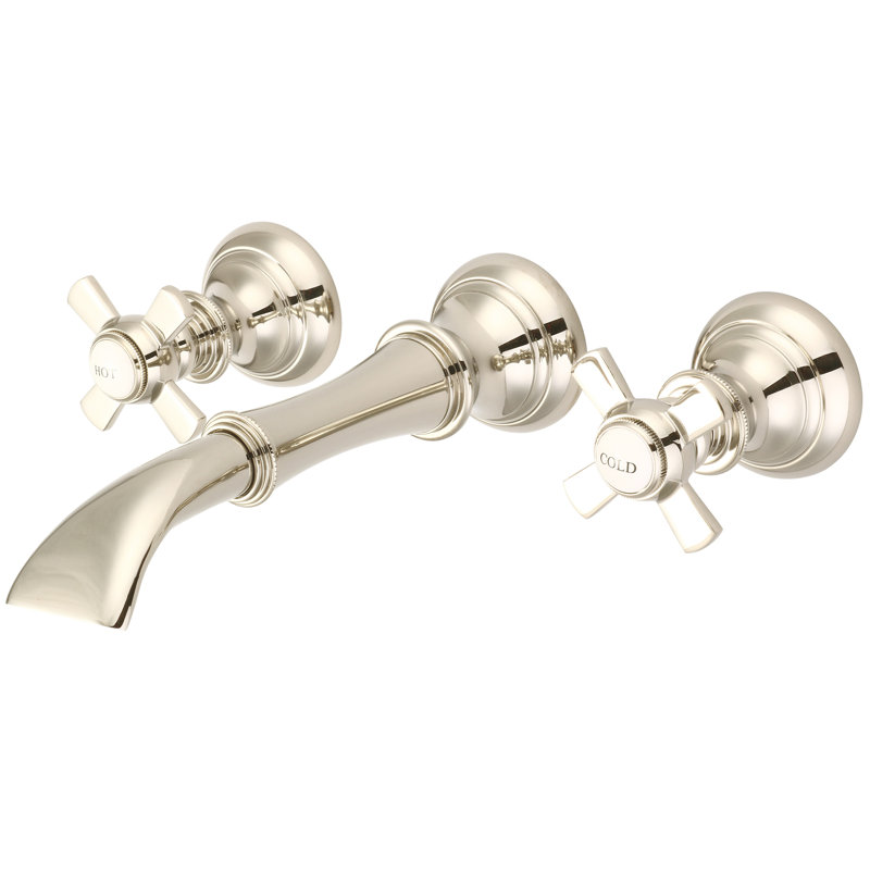 Robinet pour salle de bain mural cascade, Poignées en croix en métal ronde et étiquettes, Nickel poli