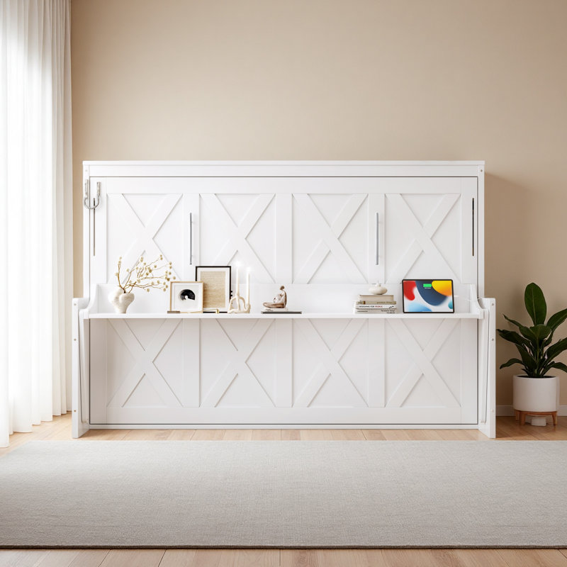 Lit escamotable avec bureau, station de charge USB, lumières DEL, Full , Blanc