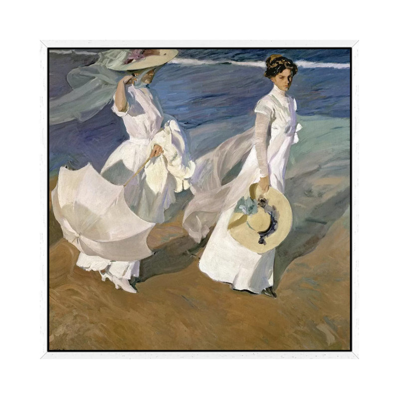 Strolling Along The Seashore, 1909 by Joaquin Sorolla Y Bastida - Painting on Canvas, White Framed