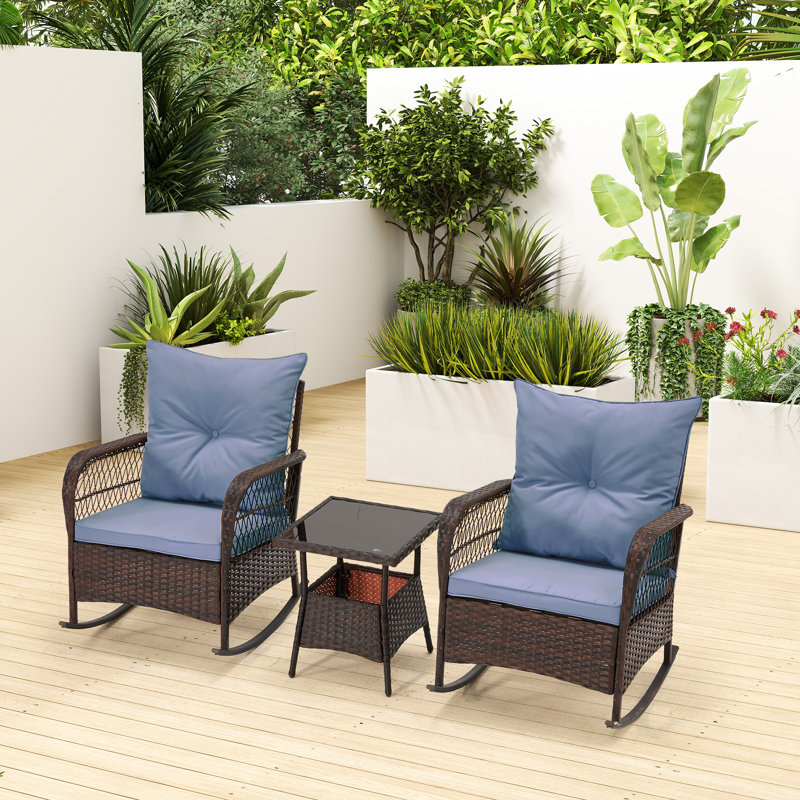 3 Pcs Rocking Bistro Set, Outdoor Pe Rattan Rocking Chairs With Tempered Glass Coffee Table, Patio Rattan Rocker Set For Porch And Garden