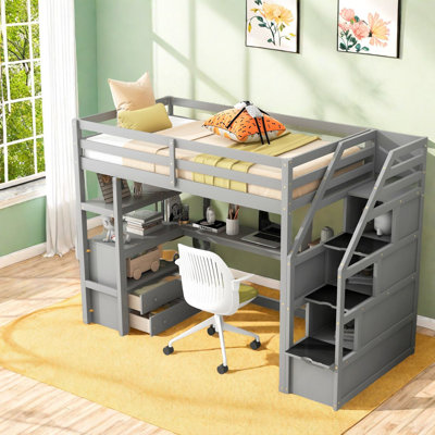 Lit mezzanine simple en pin avec rangement, finition grise moderne