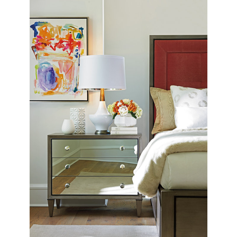 Transitional Brown and Silver Mirrored 3-Drawer Nightstand