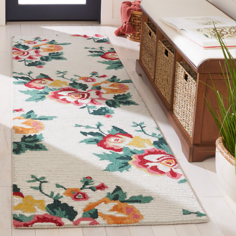 Akyrie Floral Handmade Tufted Wool Ivory/Red Area Rug, Runner 2'3" x 8'