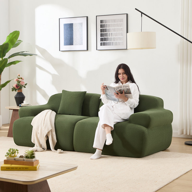 Boneless 82.7" Upholstered Loveseat Sofa Chenille Corduroy Modular Couch Compression, Green Corduroy