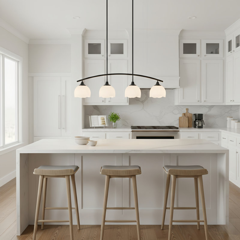 4-Light 36"W Black Modern Linear Pendant Chandelier With Flower Frosted Glass Shades For Dining Room Or  Kitchen Island