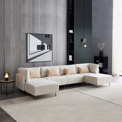 Ceola 143.3" Wide Linen Symmetrical Modular Sofa with Ottoman