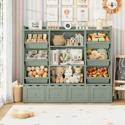 Grand organisateur de rangement pour jouets avec bibliothèque, 3 cubes de rangement, 6 bacs et 4 tiroirs à roulettes pour la salle de jeux ou la pièce - vert