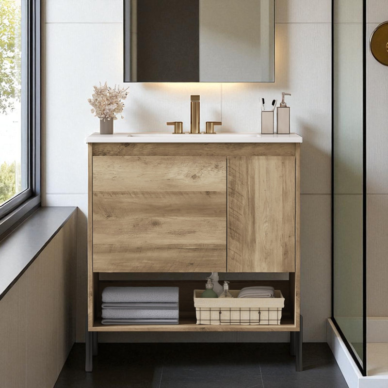Meuble-lavabo moderne 30 po à grain de bois avec lavabo