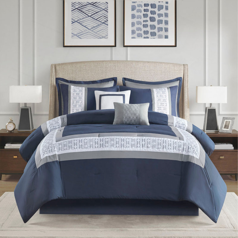 Ensemble d'édredon brodé 8 pièces pour grand lit, Marine, Édredon grand + 7 articles supplémentaires