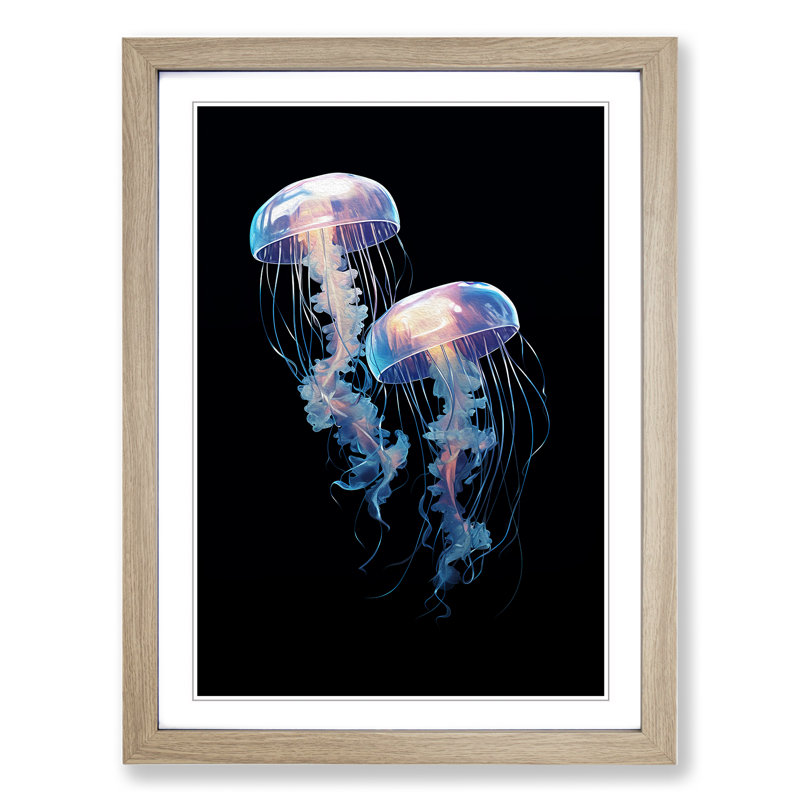 Jellyfish Minimalism - Single Picture Frame Print on Wood, 46cm H x 34cm W x 2cm D, Oak Framed