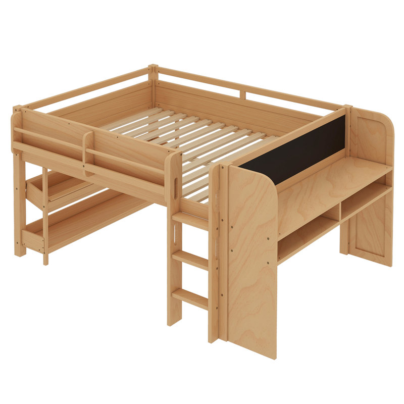 Lit mezzanine double avec bibliothèques, boîtes et tiroirs à rangement multiple, lits mezzanine bas en bois massif avec bureau et tableau noir, aucun sommier nécessaire, naturel