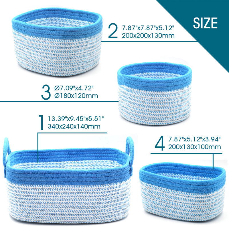 Acrola 4-Pack Decorative Storage Baskets Stackable Woven Basket Cotton Rope Bin with Fabric Liner, Blue
