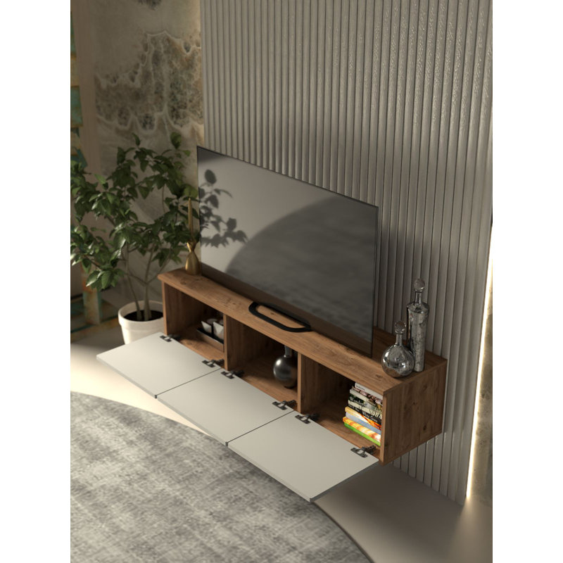Modern TV Stand with Wall-Mount Option, Atlantic Pine & White, 53.1 x 12.6 x 13.8 inches | 100% Melamine Coated Chipboard, Thickness: 0.7 inches | Multiple Shelves, Stylish Geometric Design for Contemporary Living Rooms